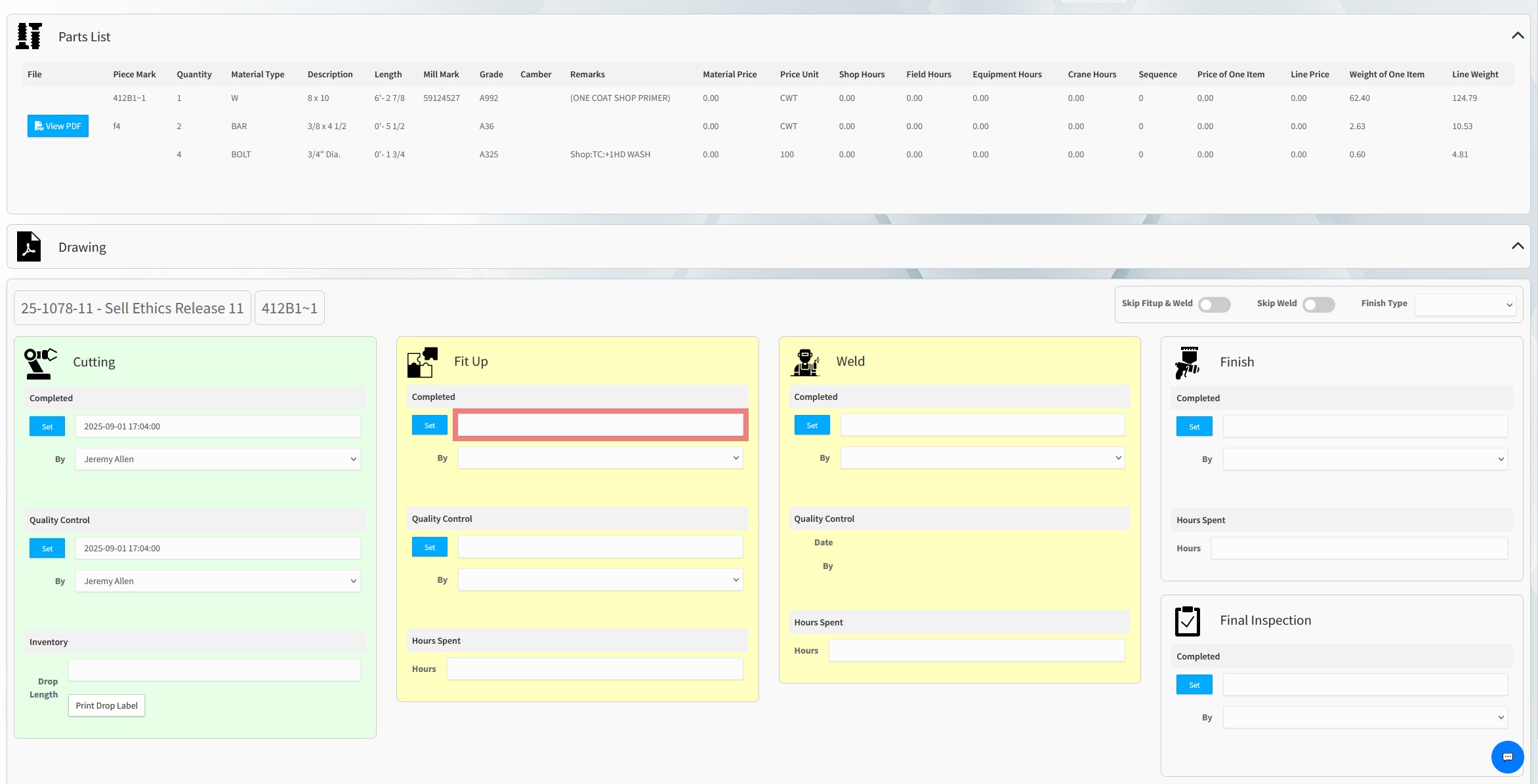 Member tracking and weld QC workflow