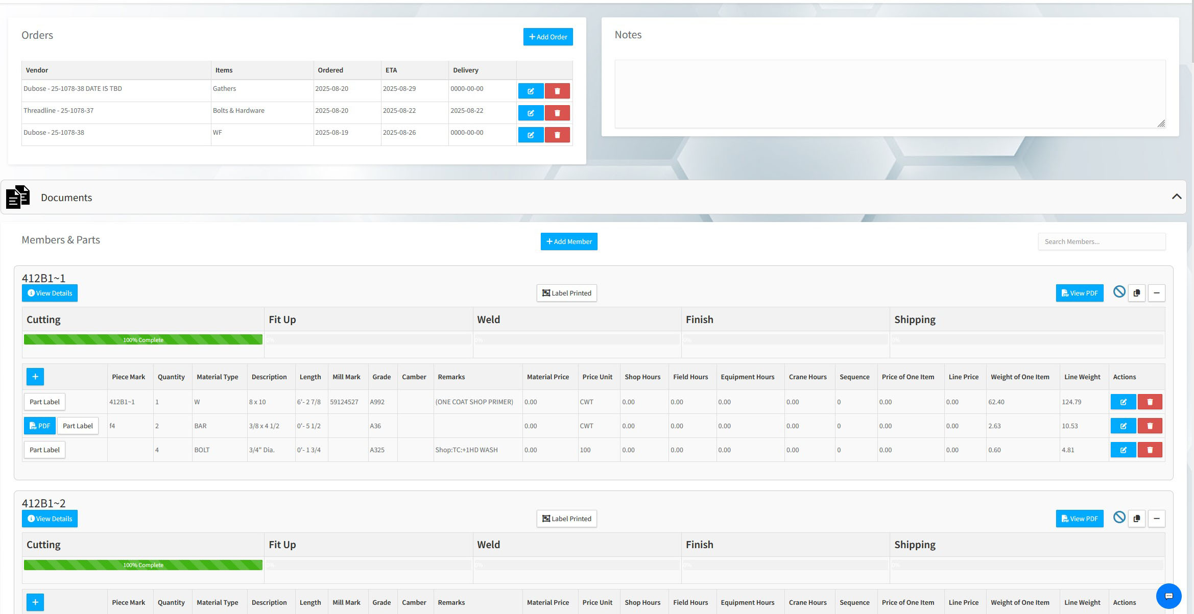 Steel project management software interface